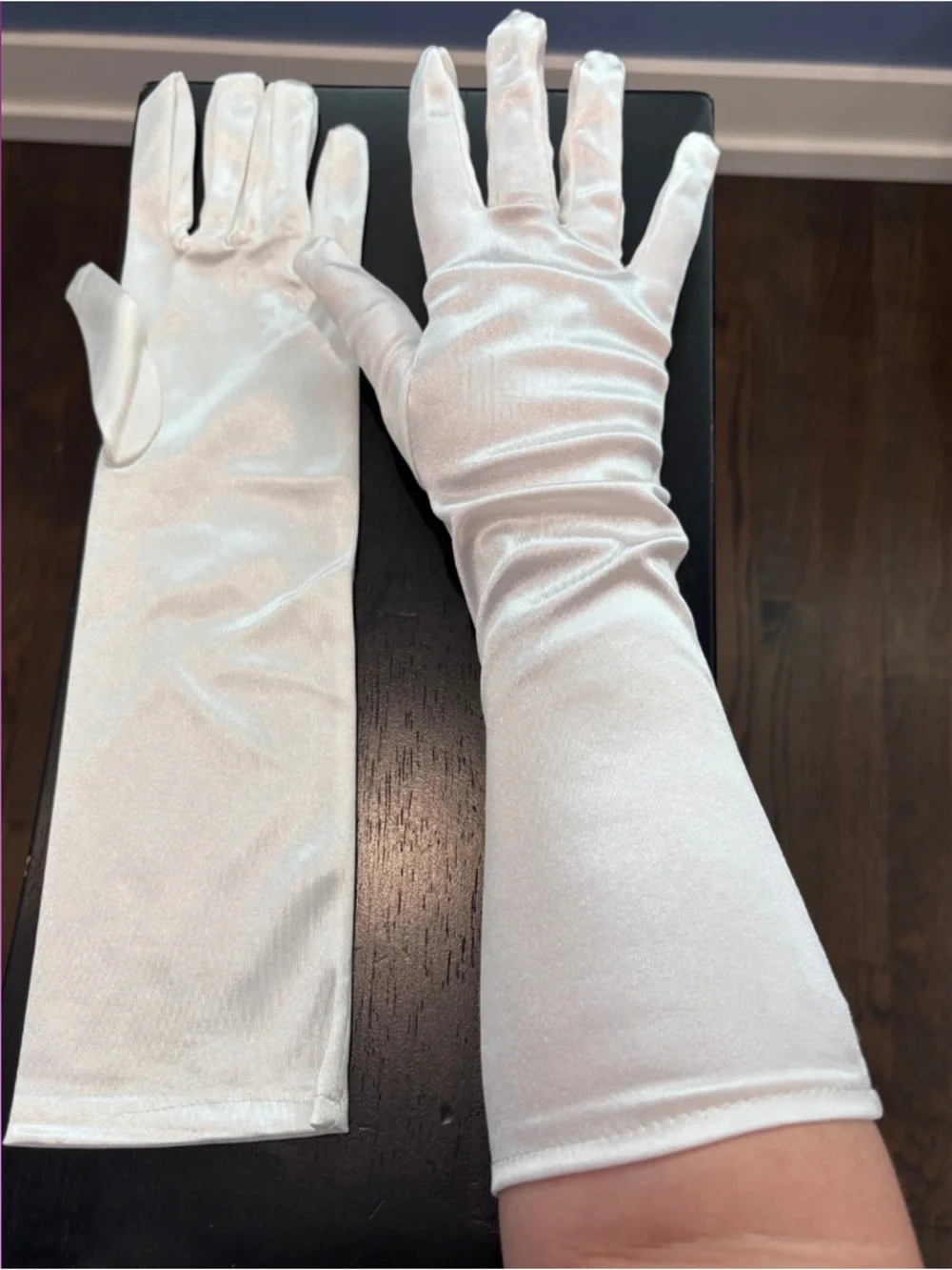 WHITE SATIN GLOVES | mid-length below elbow | Women’s Size Medium